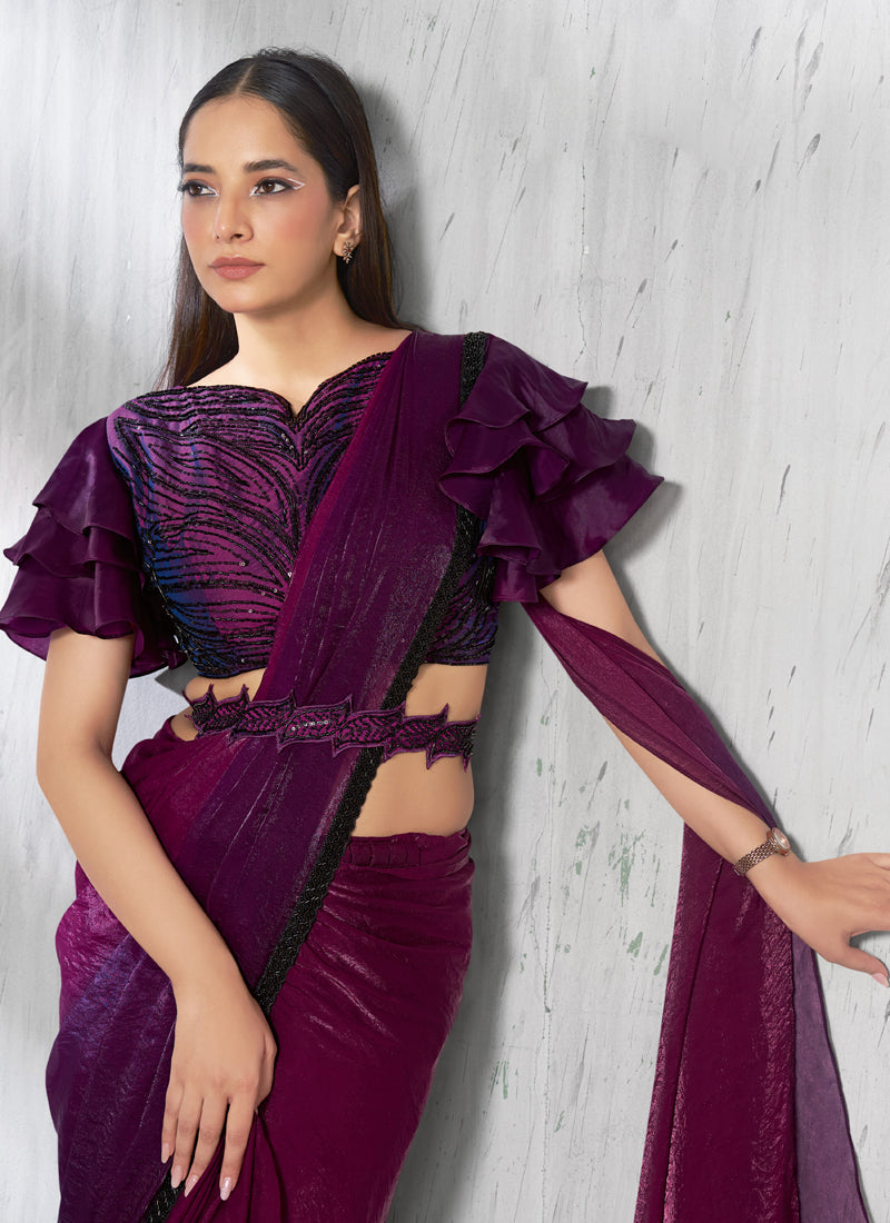 Shaded Wine Two Tone Satin Silk Designer Ready To Wear Saree