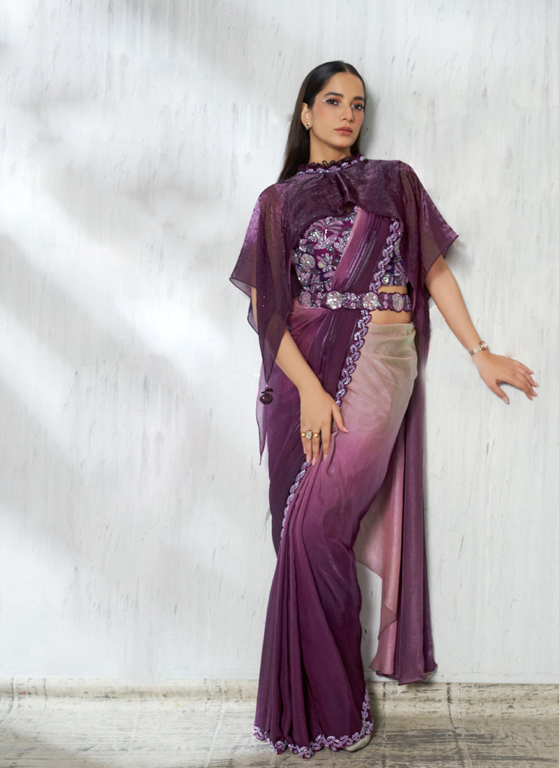 Shaded Wine Two Tone Satin Silk Designer Ready To Wear Saree