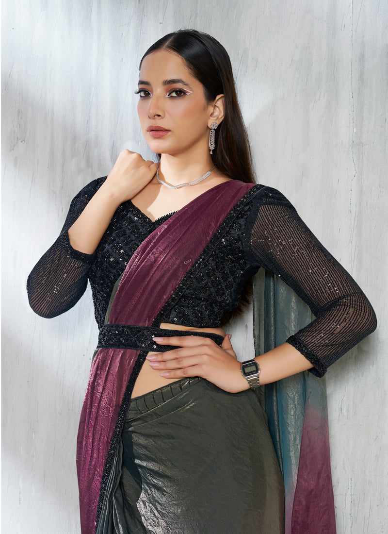 Shaded Gray & Wine Two Tone Satin Silk Designer Ready To Wear Saree