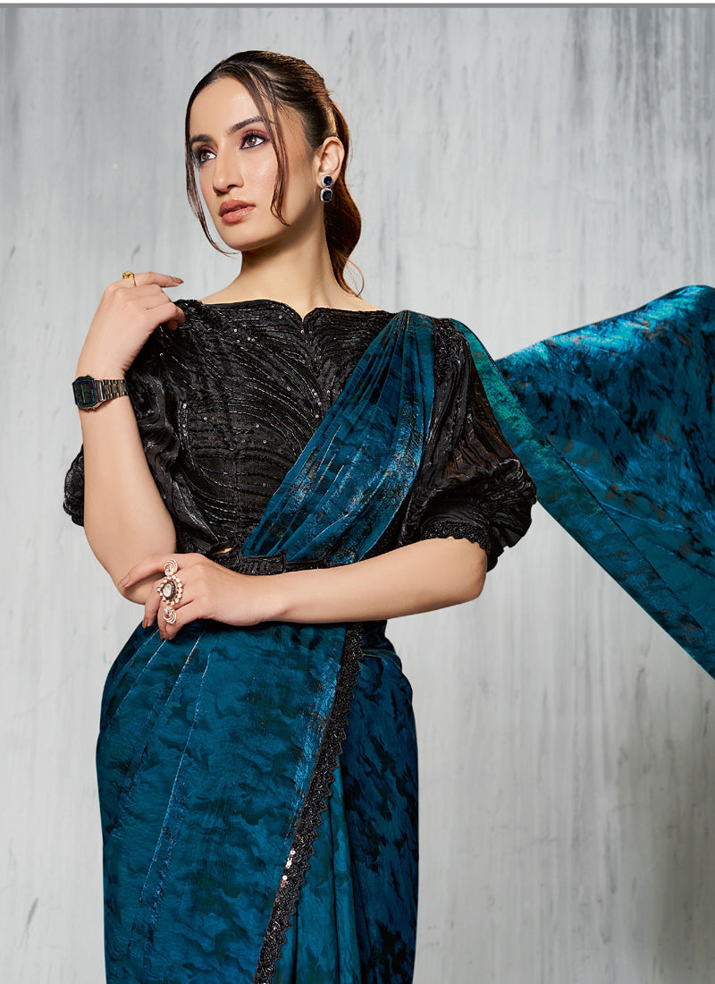 Blue & Black Two Tone Satin Silk Designer Ready To Wear Saree