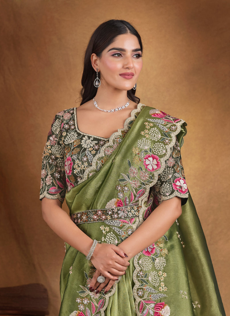 Olive Designer Blouse Beautiful Saree