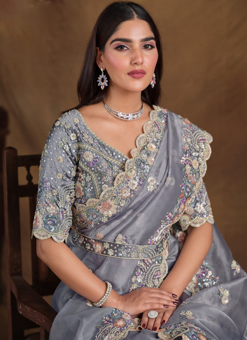 Gray Heavy Designer Blouse Beautiful Saree