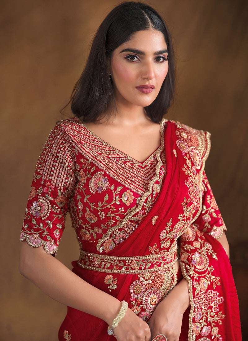 Blood Red Heavy Designer Blouse Beautiful Saree