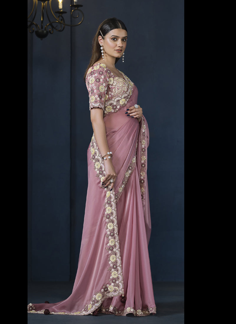 Onion Pink Crape Satin Silk Blouse Party Wear Saree