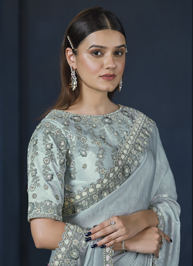 Light Sky Blue Two Tone Satin Silk Heavy Designer Blouse Party Wear Saree