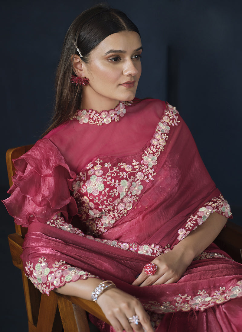 Maroon Two Tone Satin Silk Heavy Designer Blouse Party Wear Saree