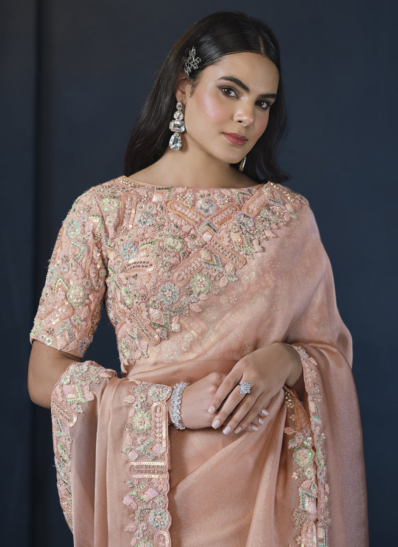 Peach Sequence Heavy Designer Blouse Party Wear Saree