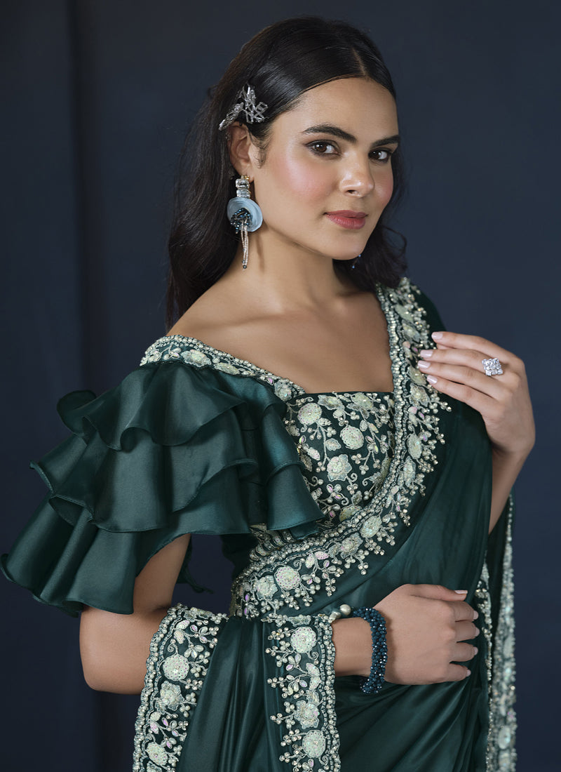 Peacock Green Heavy Designer Blouse Party Wear Saree