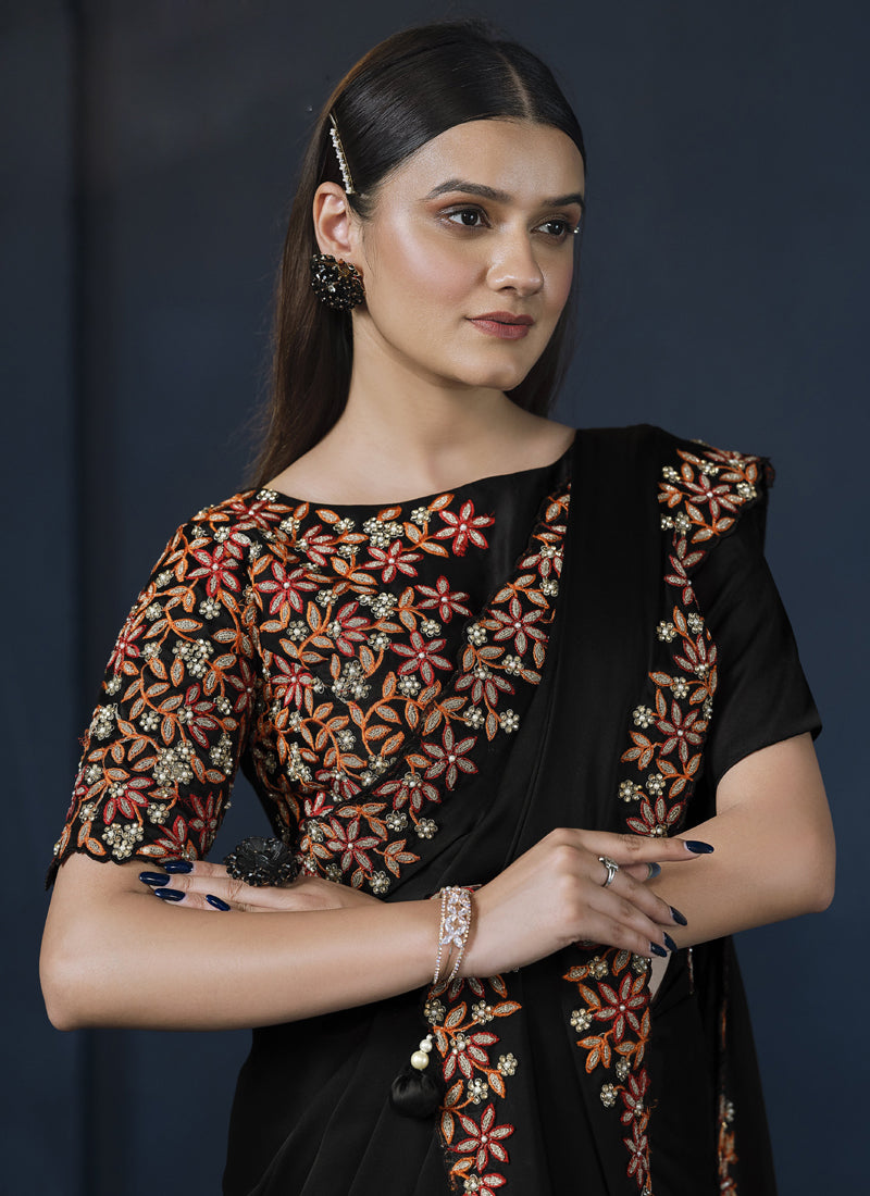 Black Satin Silk Designer Blouse Party Wear Saree