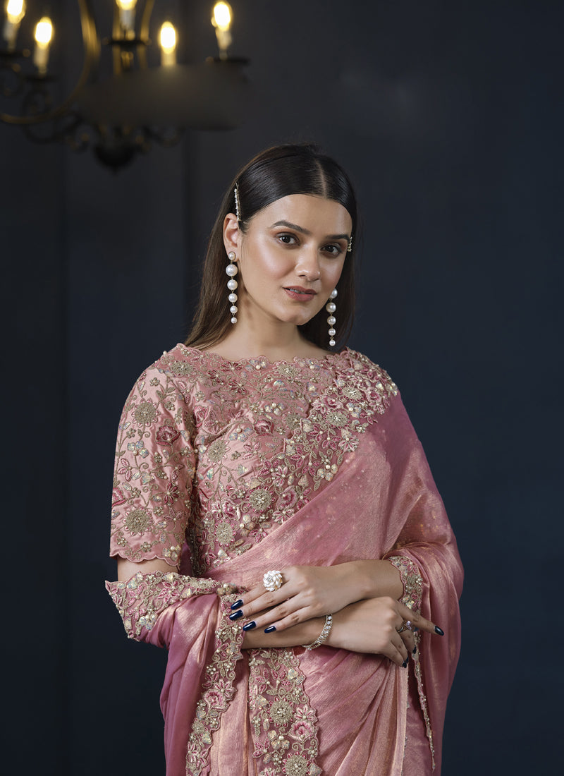 Onion Pink Shimmer Chiffon Heavy Designer Blouse Party Wear Saree