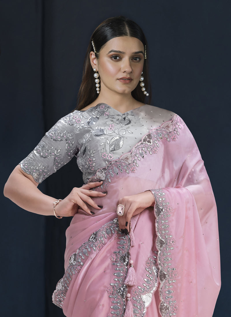 Baby Pink Tusser Silk Designer Blouse Party Wear Saree