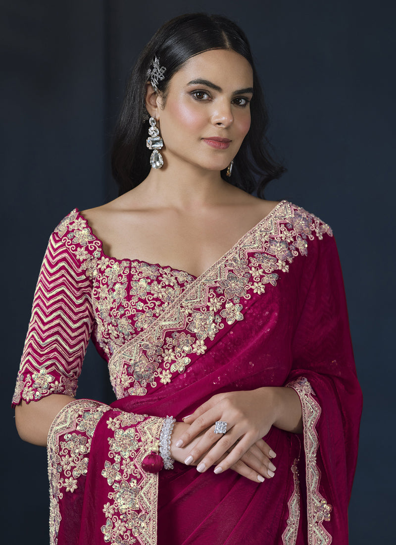 Blood Red Sequence Designer Blouse Party Wear Saree