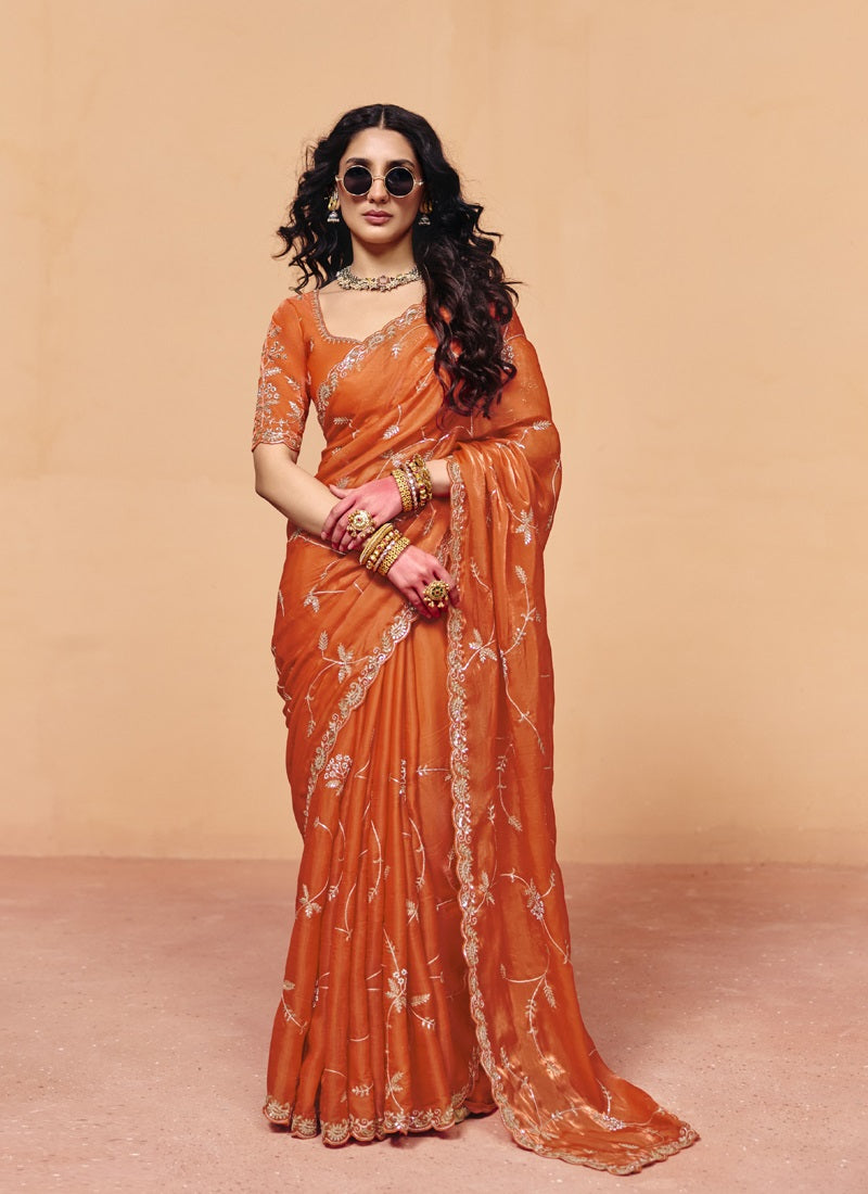 Fancy Fabric With Sequince Heavy Embroidery Work Designer Saree