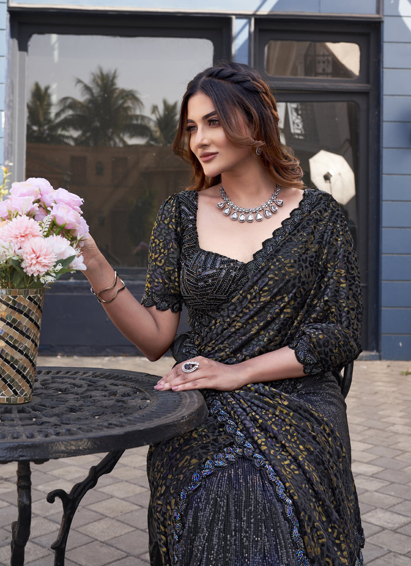 Navy Blue Velvet With Brasso Blouse One Minute Saree