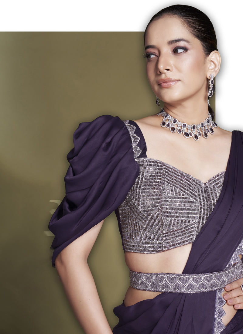 Wine Crape Satin Silk Designer Ready To Wear Saree