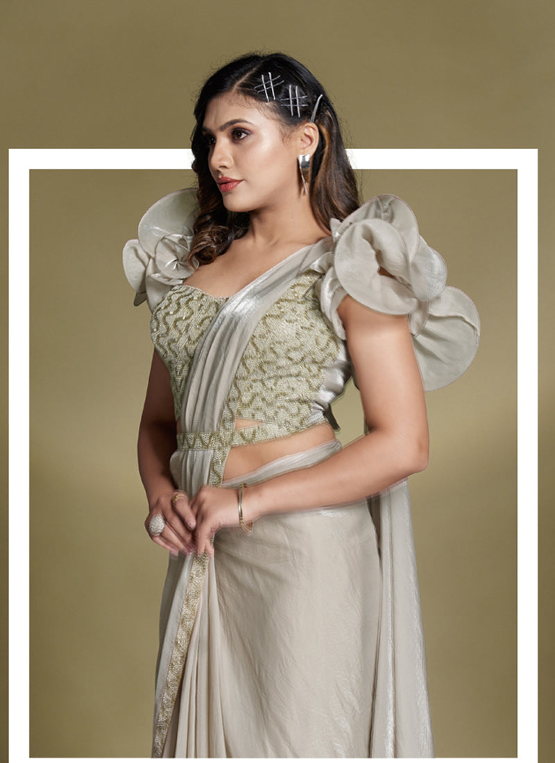 Beige Two Tone Satin Silk Designer Ready To Wear Saree