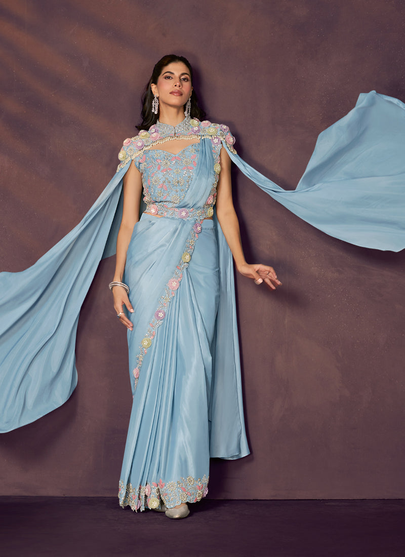 Sky Blue Satin Silk Sequence Embroidery, Designer Blouse, Cape, Belt Party Wear Saree