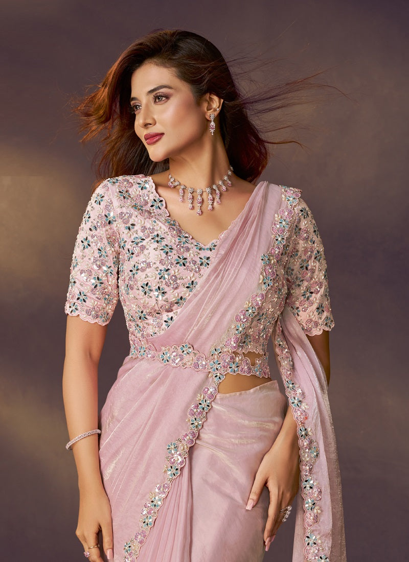 Baby Pink Satin Silk Dual Sequins Embroidery With Designer Blouse & Belt Party Wear Saree