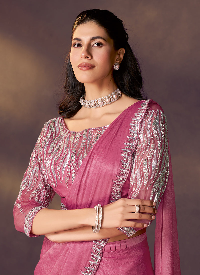 Onion Pink Crush Satin Silk Sequins With Designer Blouse & Belt Ready To Wear Saree