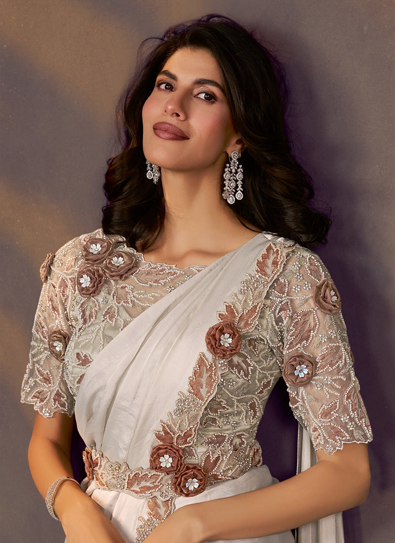 Off White Two Tone Satin Silk Stone With Designer Blouse & Belt Ready To Wear Saree