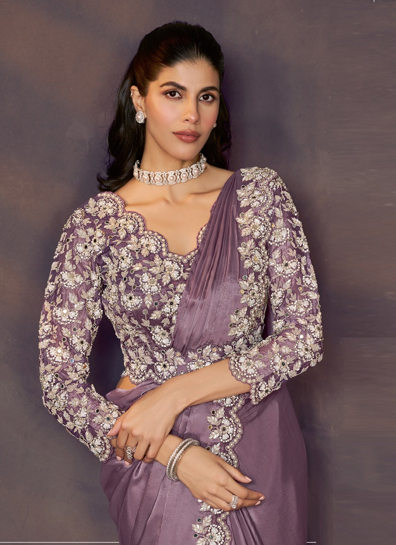 Mauve Satin Silk Scallop Sequins Embroidery, Multi Stone With Designer Blouse & Belt Ready To Wear Saree