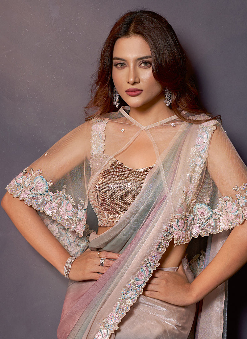 Shaded Multi Color Satin Silk Dual Sequins, With Blouse & Poncho, Belt Designer Ready To Wear Saree