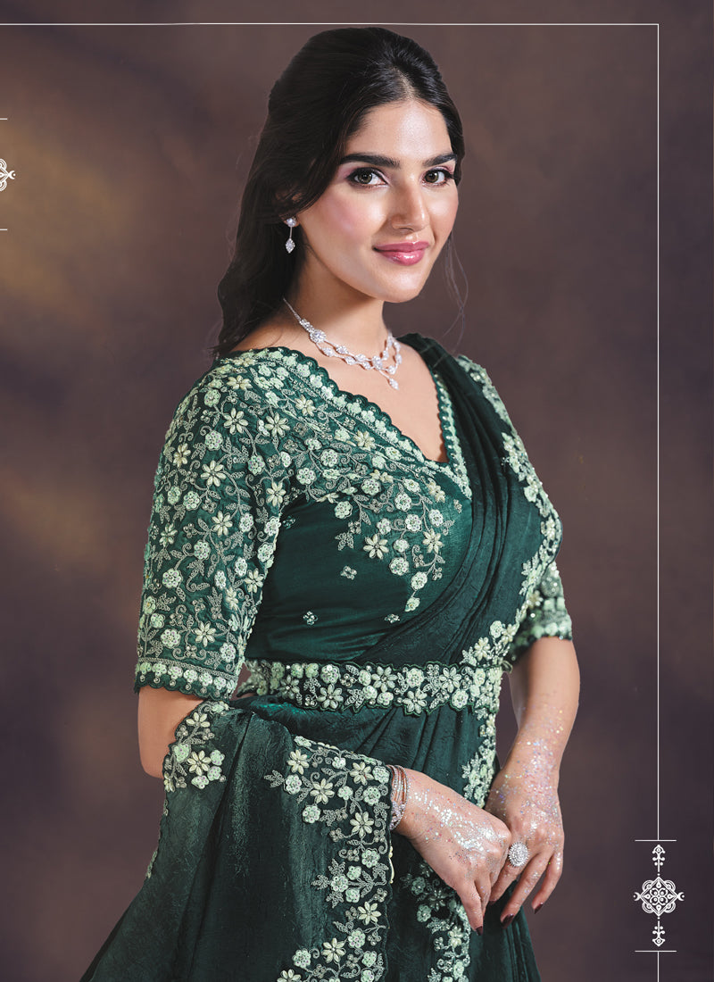 Green Satin Silk Sequins, Hand work With Blouse, Belt Designer Ready To Wear Saree