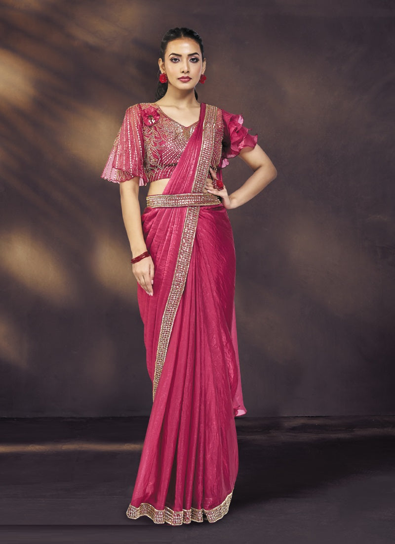 Pink Satin Silk Pure Handwork, Khatli Work With Designer Blouse, Belt Ready To Wear Saree