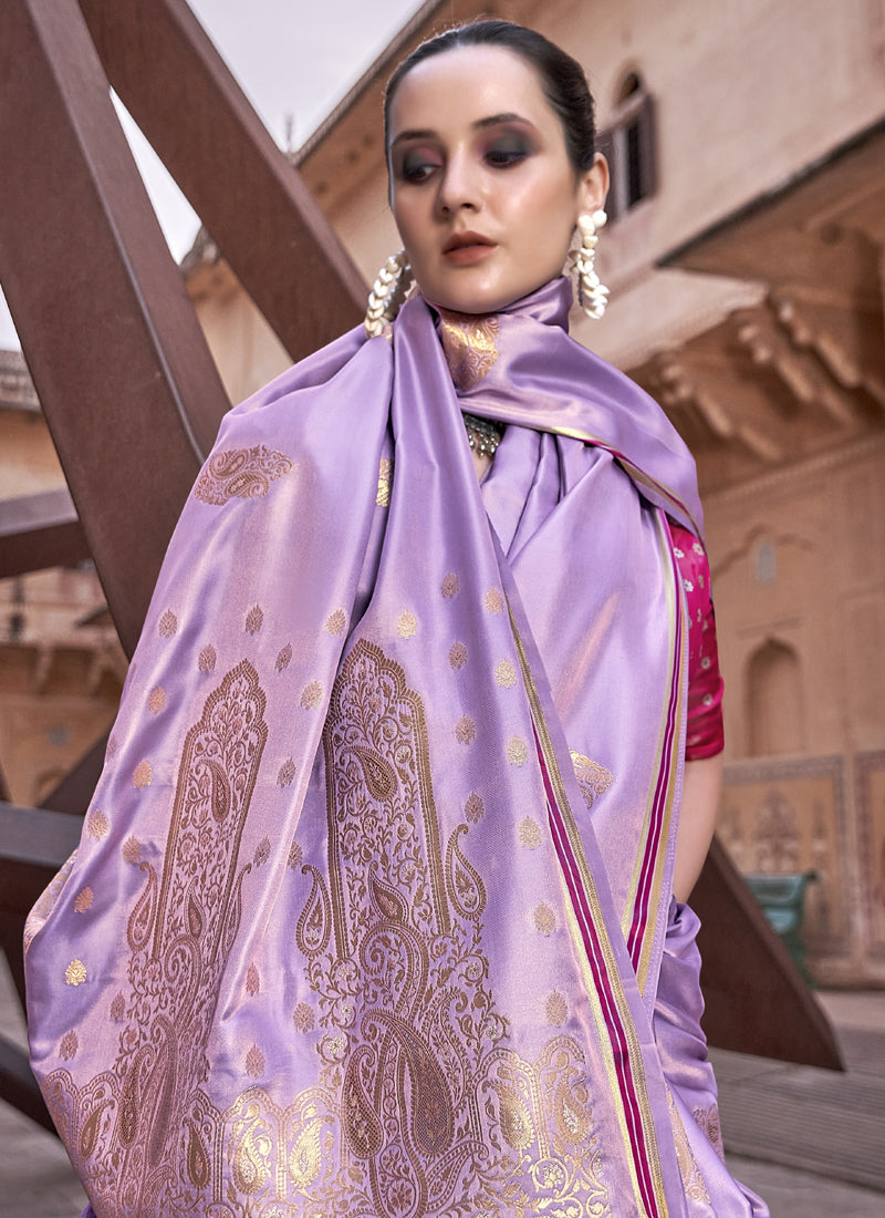 Lavender Pure Satin With Zari Weaving & Tussle Festival Wear Saree