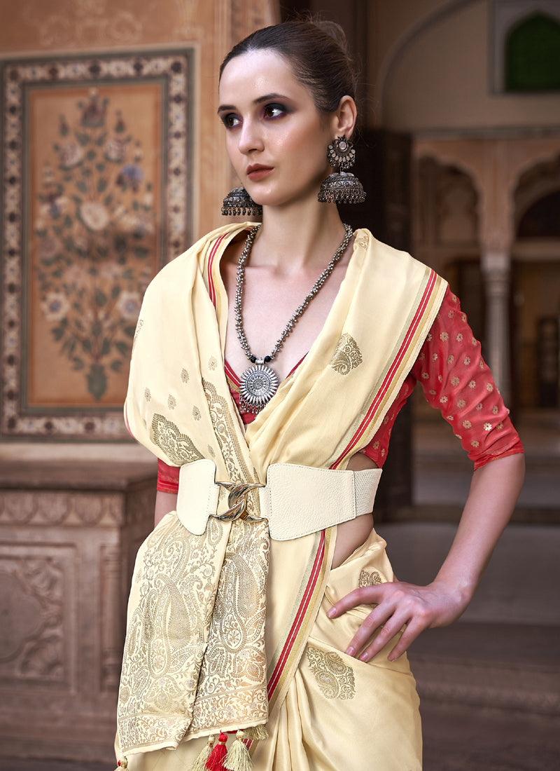 Cream Pure Satin With Zari Weaving & Tussle Festival Wear Saree
