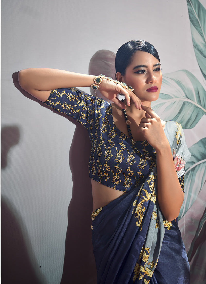 Dark Blue Crape Digital Printed Casual Wear Saree