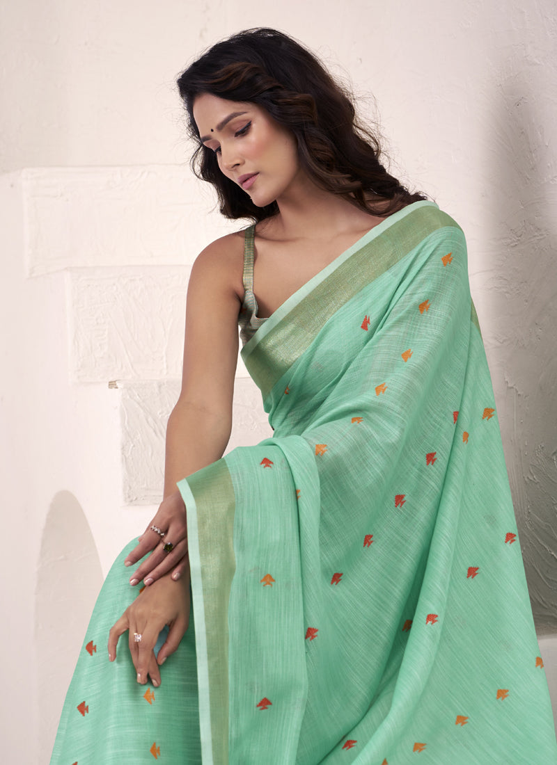 Turquoise Linen Beautiful Tussle On Pallu Casual Wear Saree