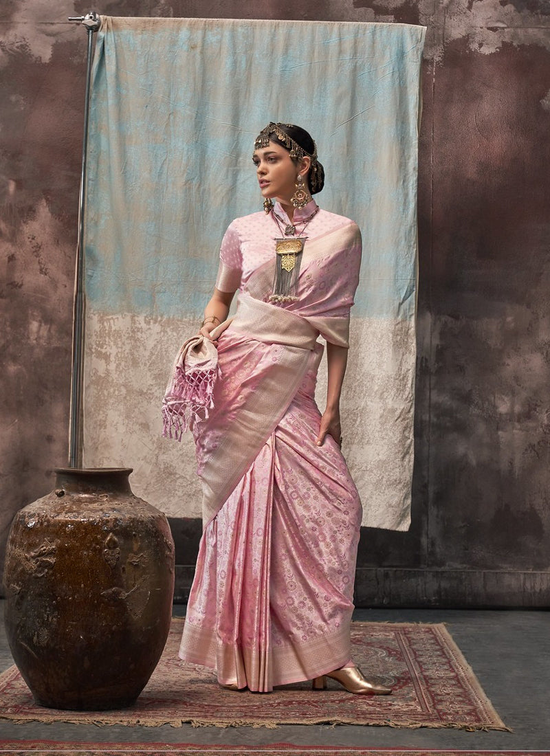 Baby Pink Satin Weaving Silk With Tassels Beautiful Saree