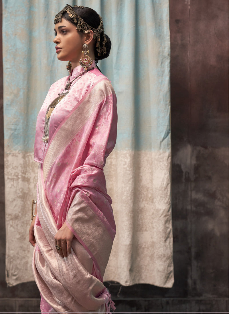 Light Pink Satin Weaving Silk With Tassels Beautiful Saree