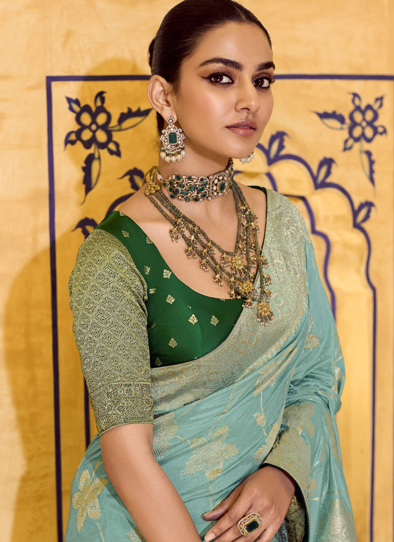 Light Turquoise Crape Silk Weaving With Designer Contrast Blouse Party Wear Saree