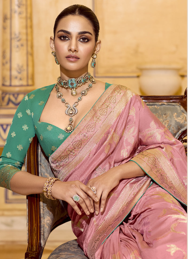 Baby Pink Crape Silk Weaving With Designer Contrast Blouse Party Wear Saree