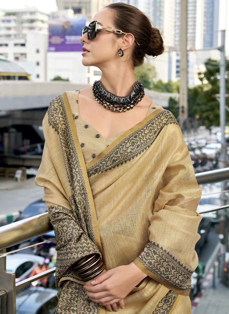 Cream Linen Tissue Silk Printed Casual Wear Saree