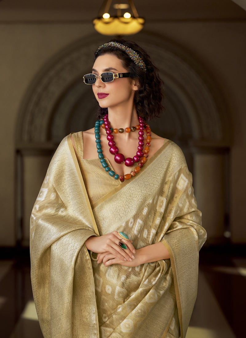 Cream Tissue Silk With Zari Weaving Wedding Wear Saree