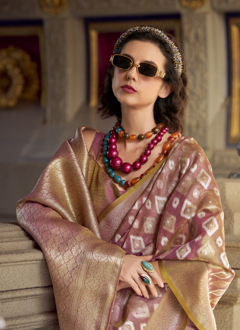 Onion Pink Tissue Silk With Zari Weaving Wedding Wear Saree