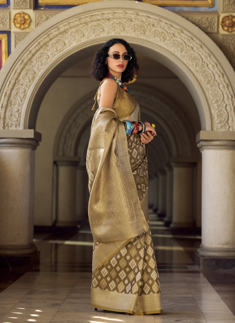 Beige Tissue Silk With Zari Weaving Wedding Wear Saree