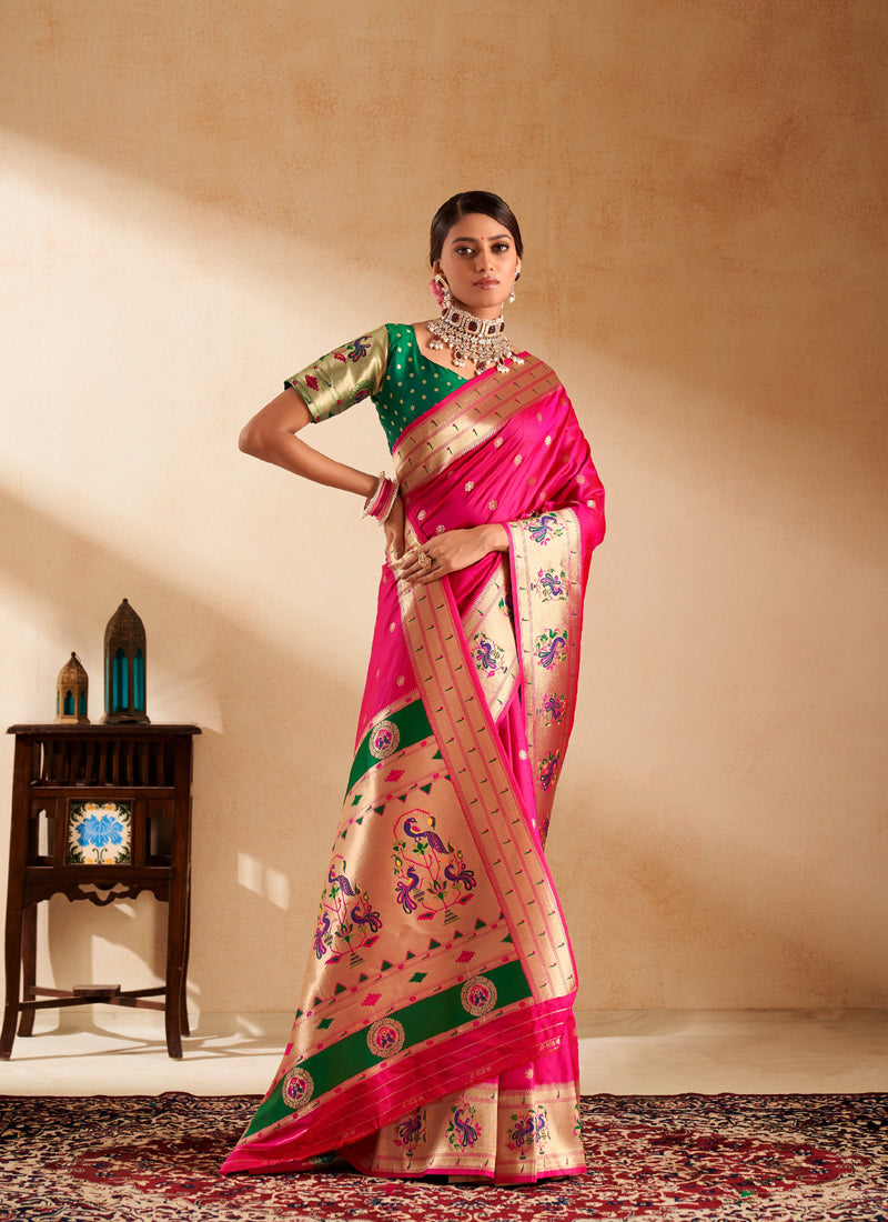 Rani Pink Paithani Silk Woven Work With Beautiful Zari Butti In All Over Saree