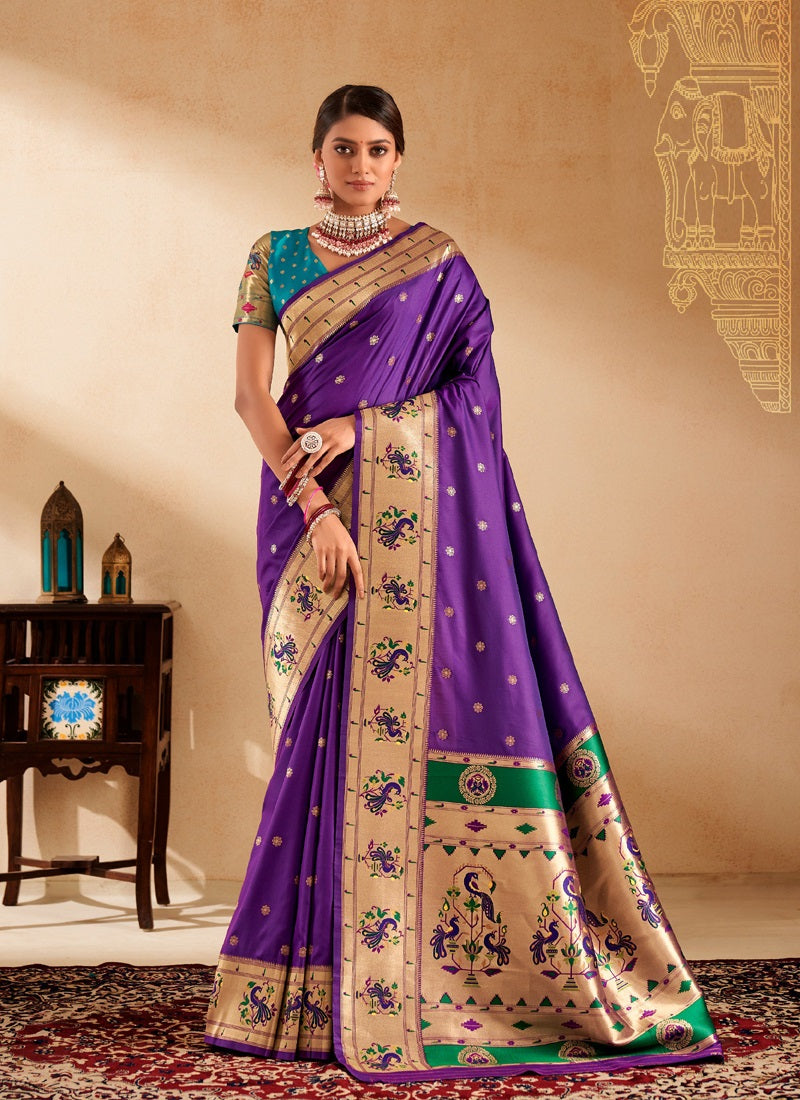 Purple Paithani Silk Woven Work With Beautiful Zari Butti In All Over Saree