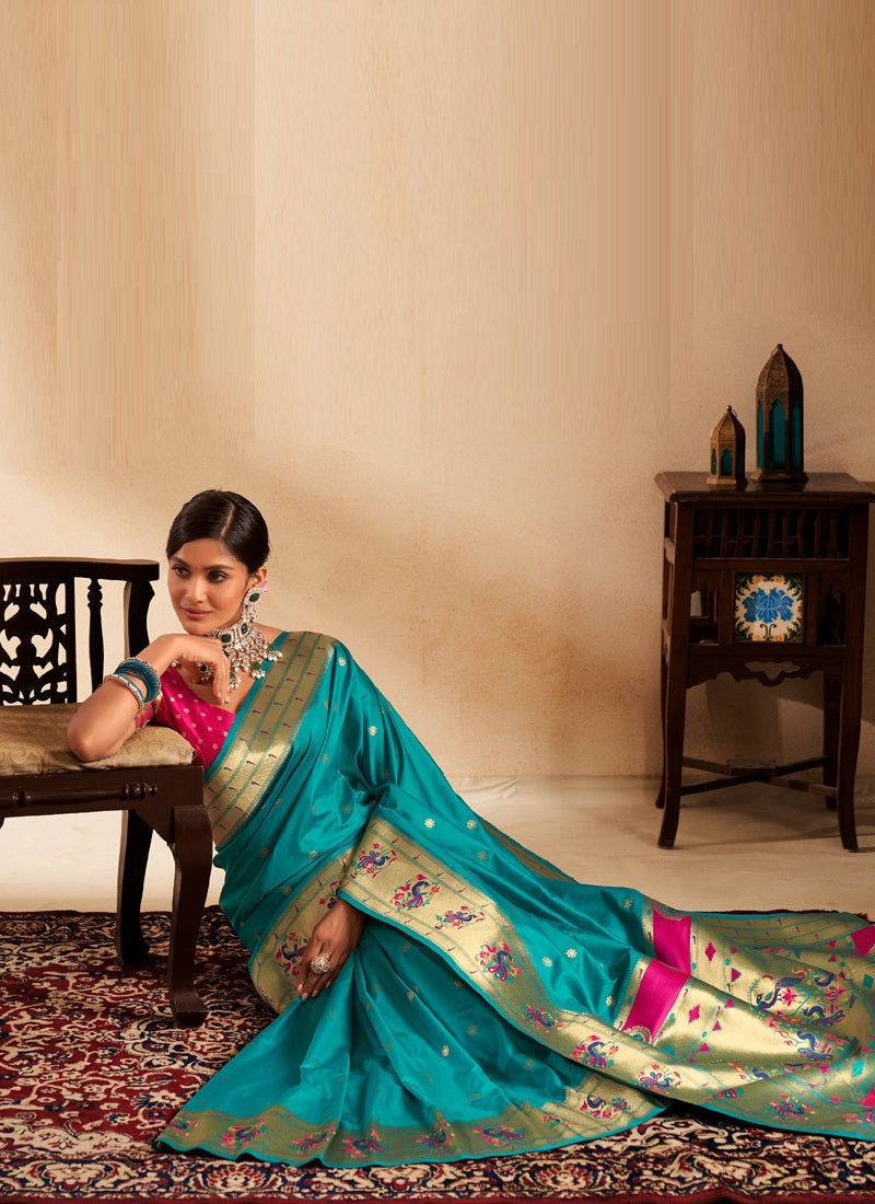 Turquoise Paithani Silk Woven Work With Beautiful Zari Butti In All Over Saree