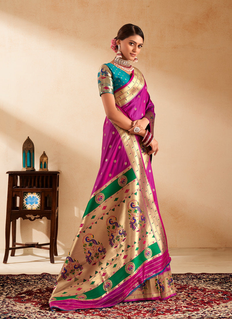 Magenta Paithani Silk Woven Work With Beautiful Zari Butti In All Over Saree