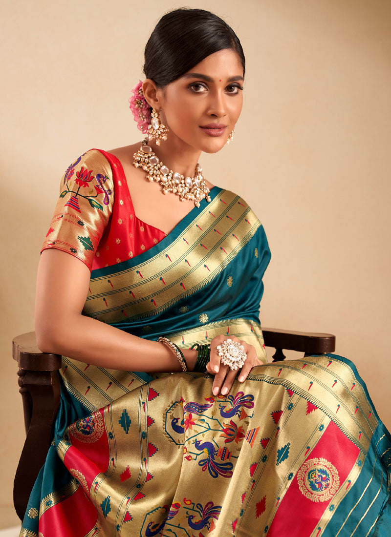 Peacock Green Paithani Silk Woven Work With Beautiful Zari Butti In All Over Saree