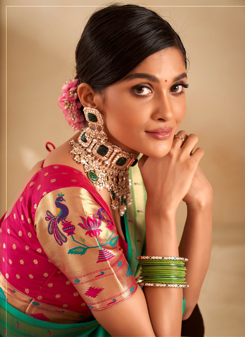 Green Paithani Silk Woven Work With Beautiful Zari Butti In All Over Saree