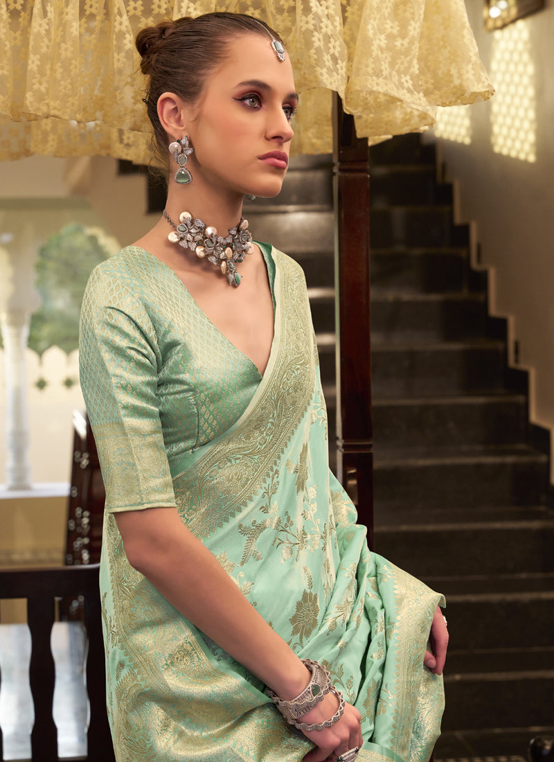 Light Turquoise Soft Satin Silk Zari Weaving Beautiful Saree