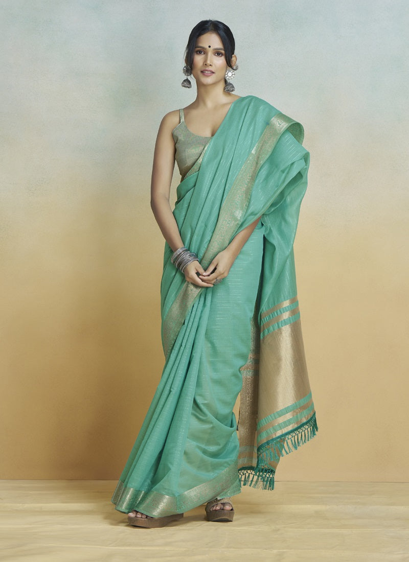 Tourquise Khadi Silk With Beautiful Tussle Casual Wear Saree