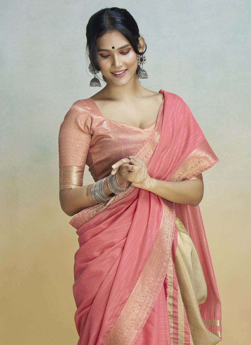 Peach Khadi Silk With Beautiful Tussle Casual Wear Saree