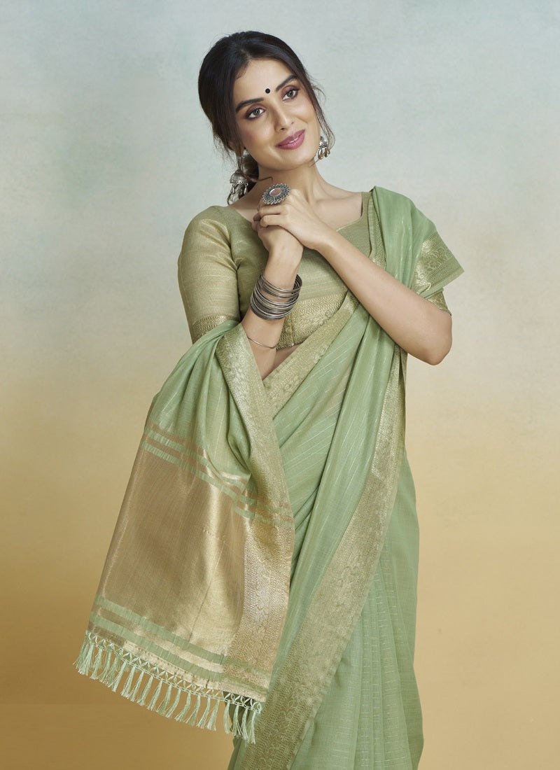 Pista Khadi Silk With Beautiful Tussle Casual Wear Saree